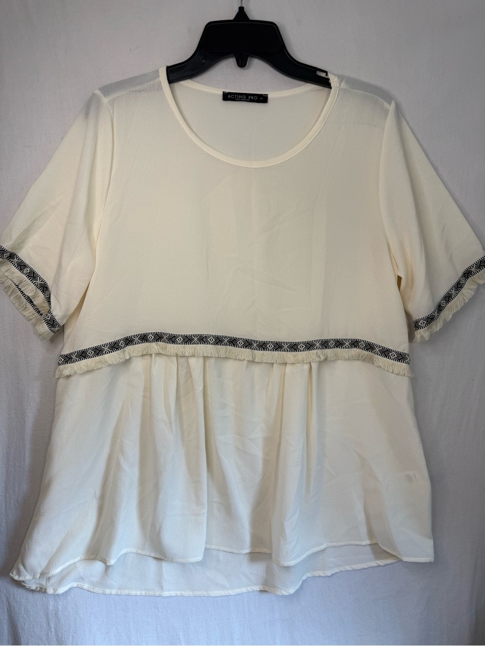 Acting Pro Cream Short Sleeve Peplum Top with Aztec Fringe Trim Detail Size M